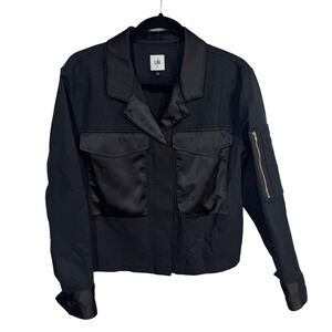 Cabi Medium Black Bomber Jacket Women's Satin Trim Utility Cargo